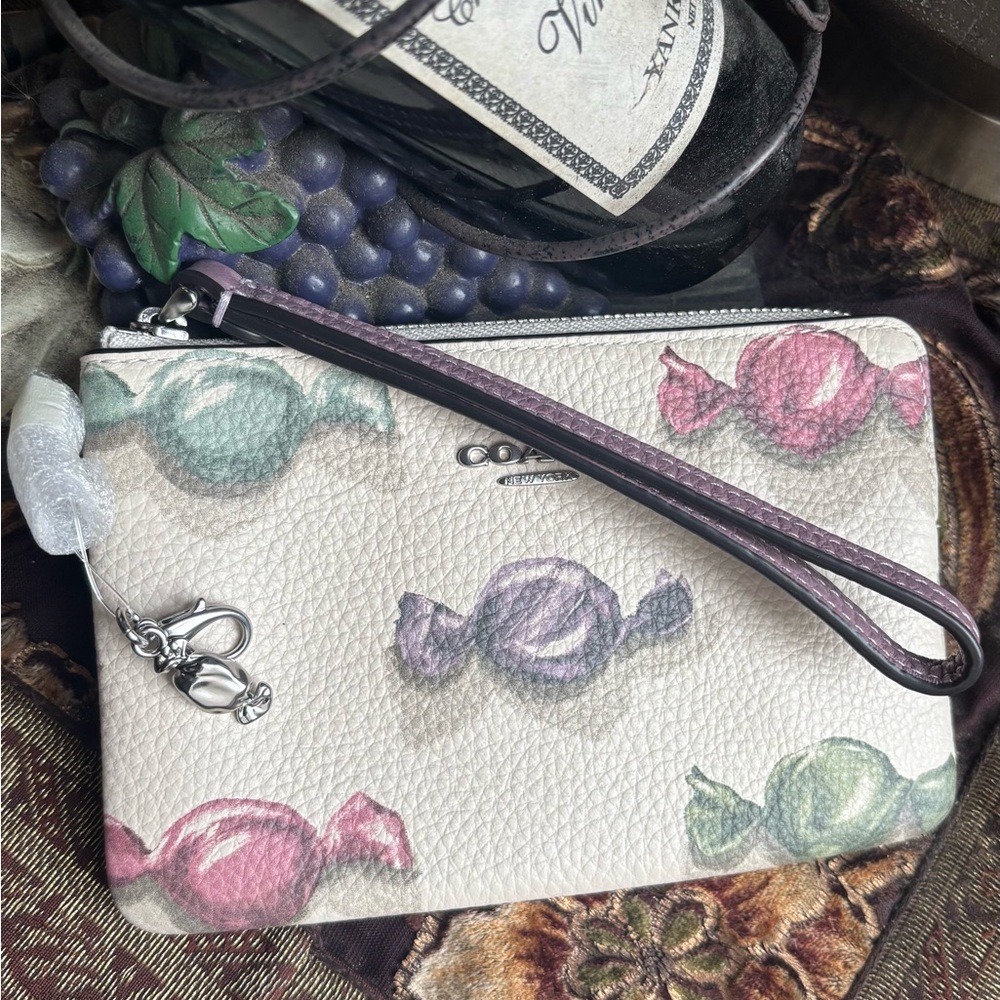 Authentic Coach 3D Candy Print leather zip wristlet w candy charm clip